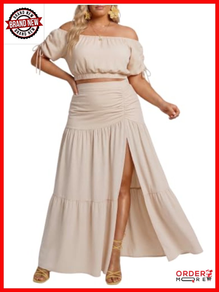 Plus Size 2 Piece Outfit Off Shoulder Crop Top And Maxi Skirt Set